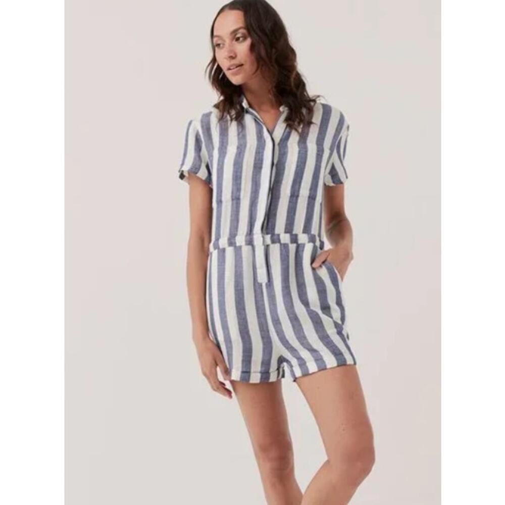PACT Womens The Harbour Romper in Mariner Stripe Size Large Blue White